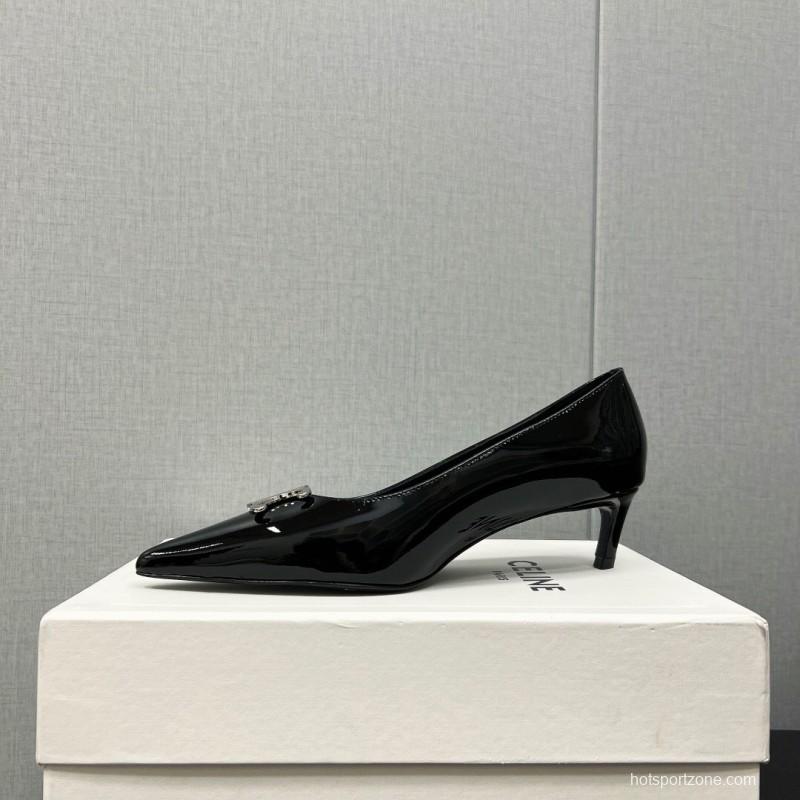 2025 Women Celine Black Patent Leather Pointed Toe Buckle Pumps KFY00290