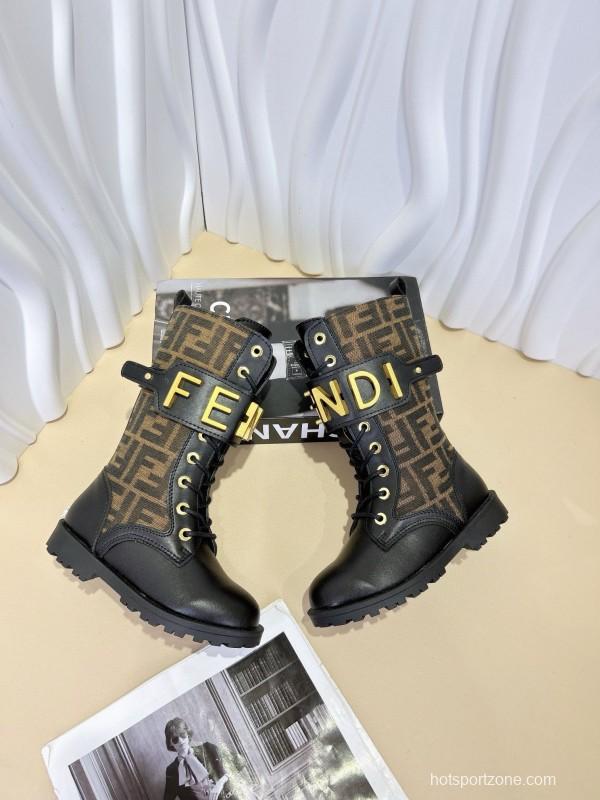 2024 Kids Fendi Black Brown Leather Fabric Boots