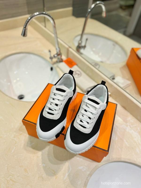 2024 Unisex Hermès Black White Imported Silk Calf Suede Sneakers MJ00320