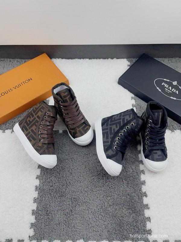 2024 Kids Fendi Brown Black Canvas High Top Sneakers