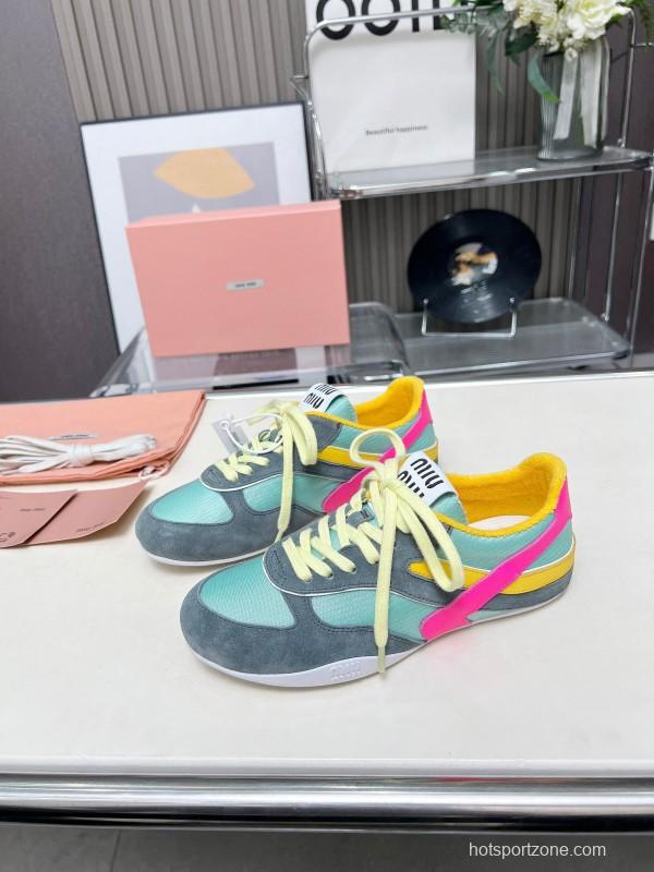 2025 Women Miu Miu Blue Grey Pink Yellow Suede Mesh Sneakers G027
