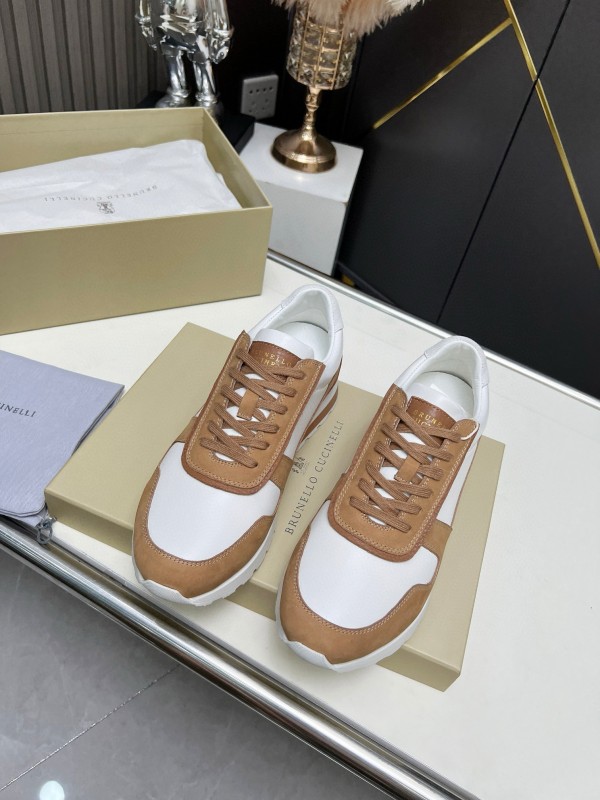 2024 Unisex Brunello Cucinelli White Brown Suede Leather Sneakers MJ00360