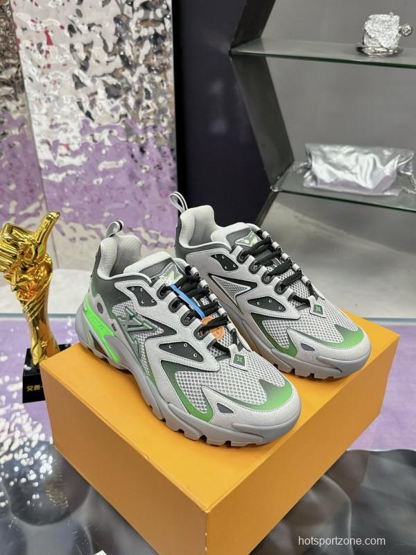 2025 Men Louis Vuitton Green Grey Mesh Leather Sneakers MJ00420