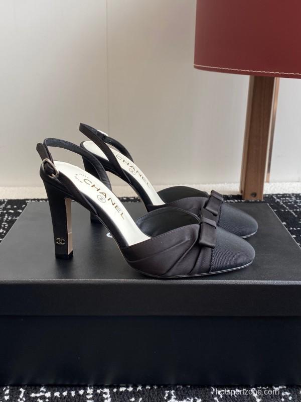 2025 Women Chanel Black Satin Leather High Heels Bow Slingback KFY00289