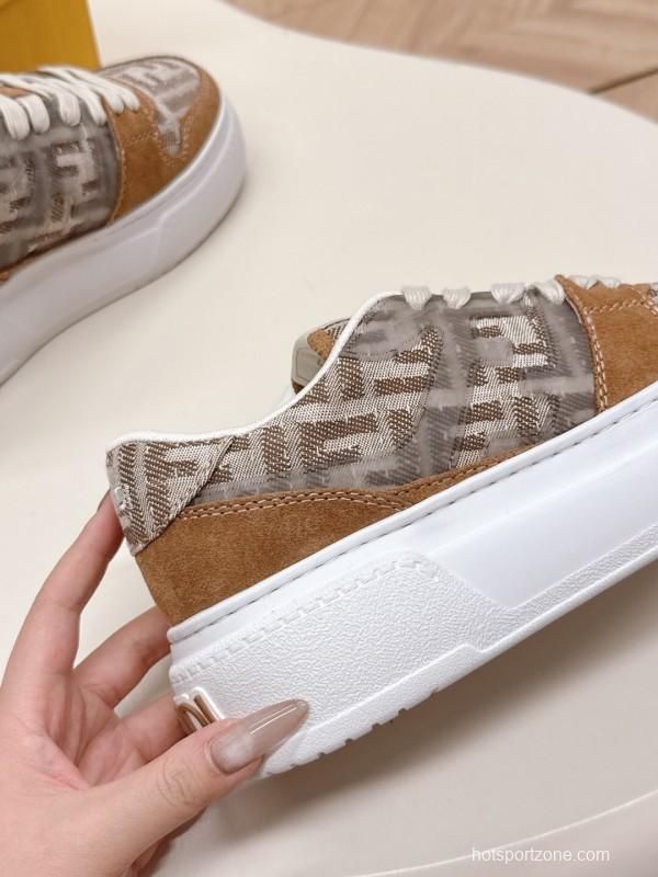 2025 Women Fendi Brown Beige Leather Mesh Sneakers LY00340