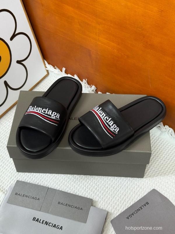 2025 Slippers Balenciaga Black Leather Slippers KFY00230