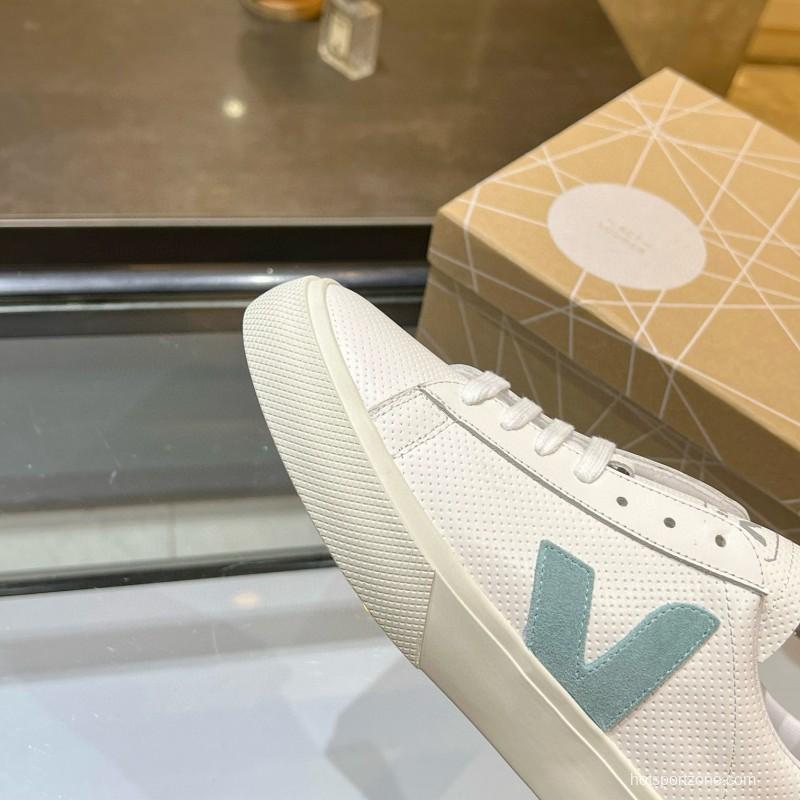 2025 Unisex VEJA White Light Blue Leather Canvas Vulcanized Sneakers MJ00240