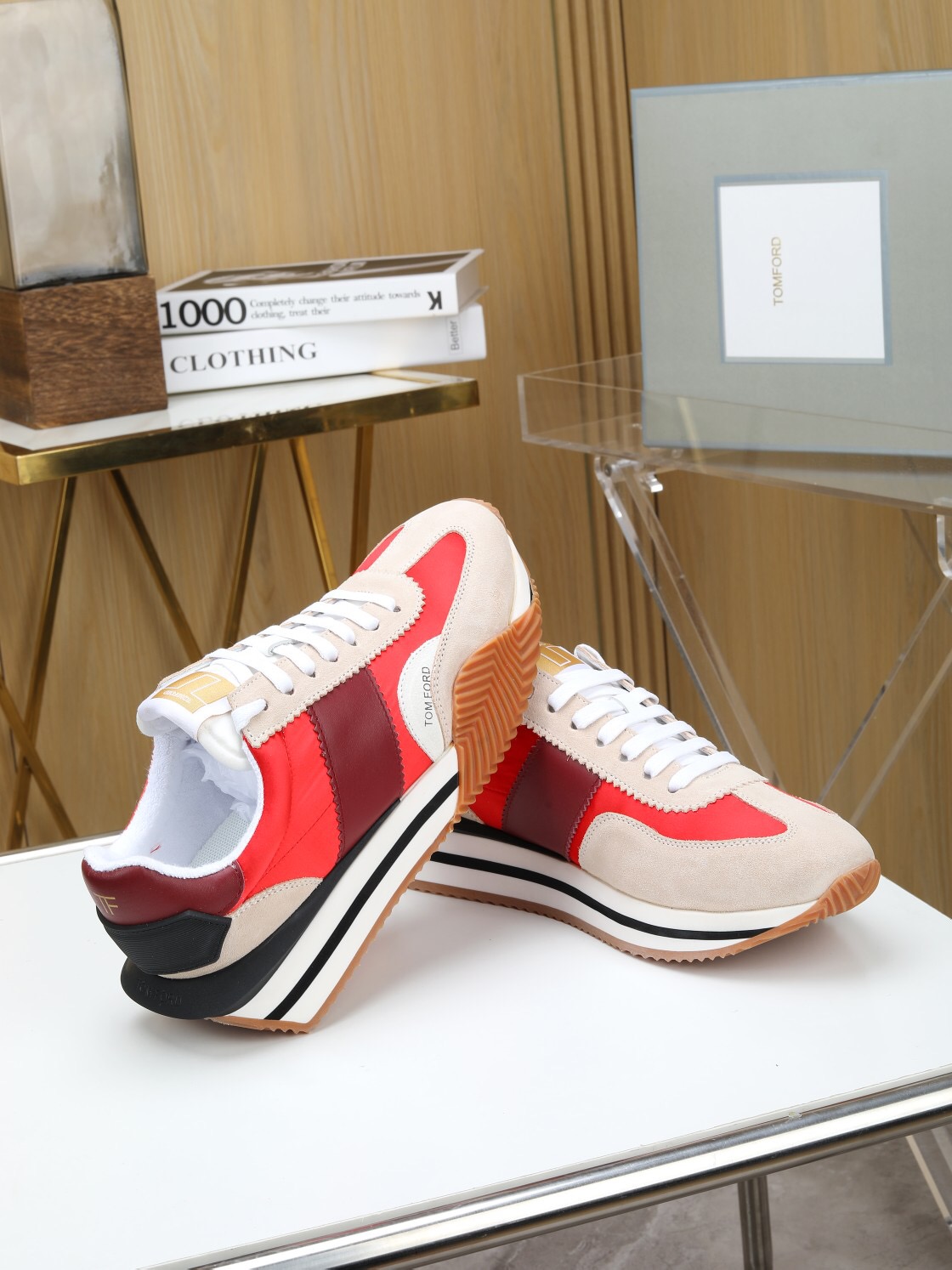 2025 Unisex TOM FORD Red Burgundy White Suede Leather Sneakers LY00360(F)/LY00370(M)