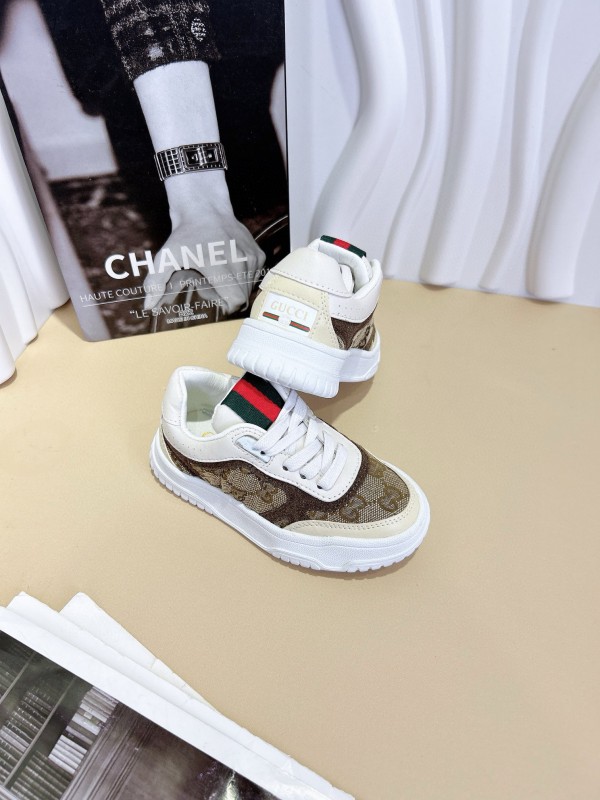 2024 Kids GUCCI Brown Beige White Leather Sneakers