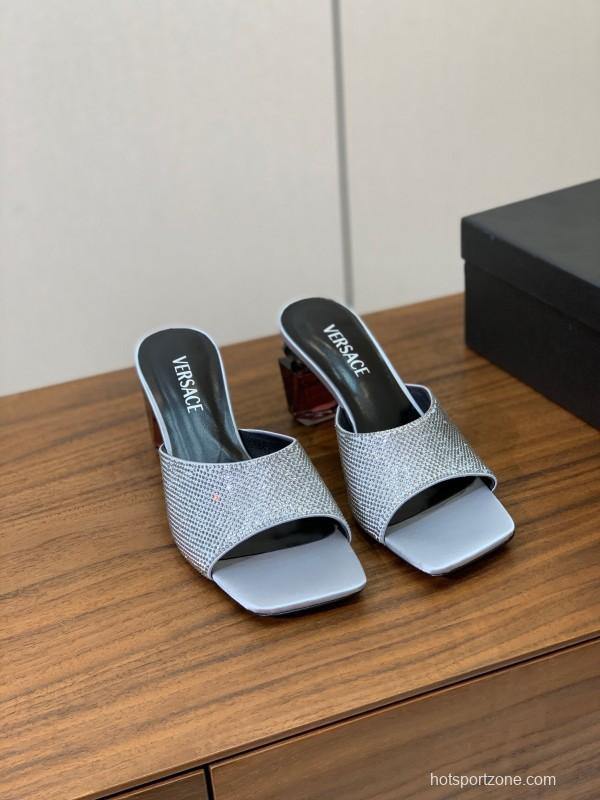 2025 Women VERSACE Silver Leather Slippers