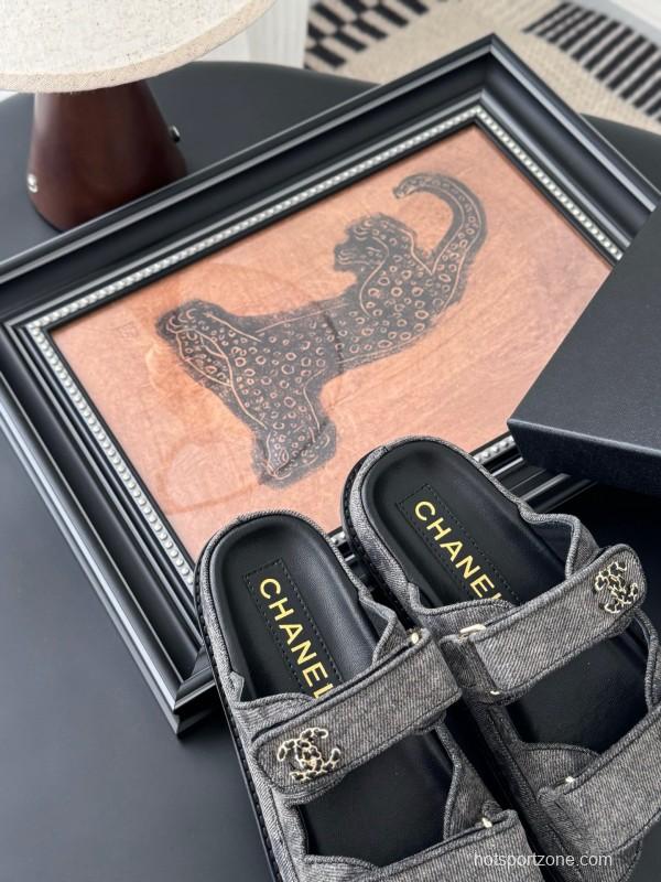 2025 Women Chanel Grey Fabric Leather Sandals Magic Tape LY00310