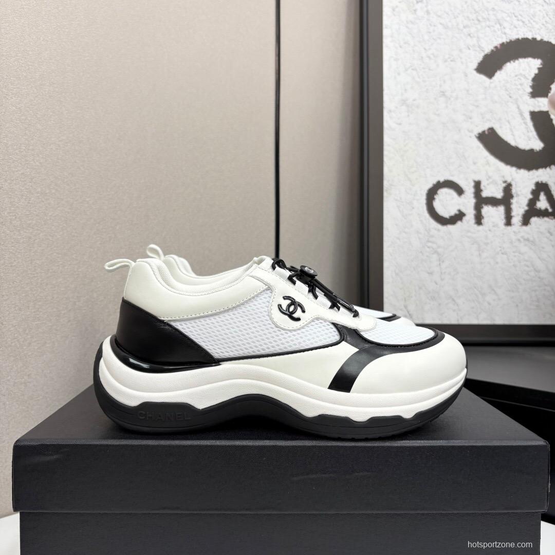 2025 Unisex Chanel White And Black Silk Leather Panda Sneakers With Embroidery Detail CHN2025