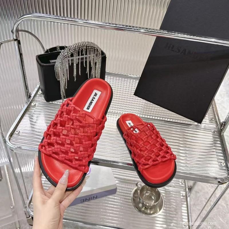 2025 Jil Sander Red Leather Woven Slippers