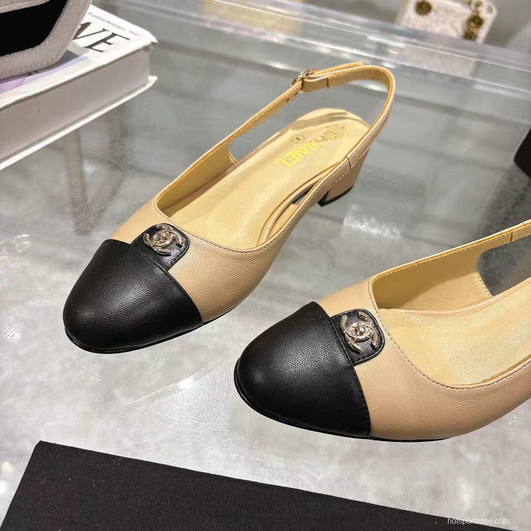 2025 Women Chanel Beige Black Leather Slingback Sandals LY00300