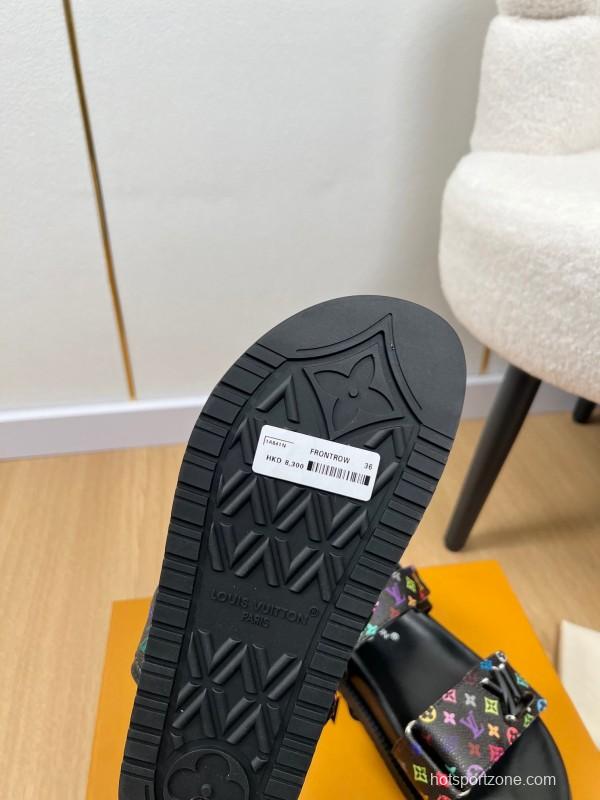 2025 Women Louis Vuitton Black Multicolor Canvas Sandals