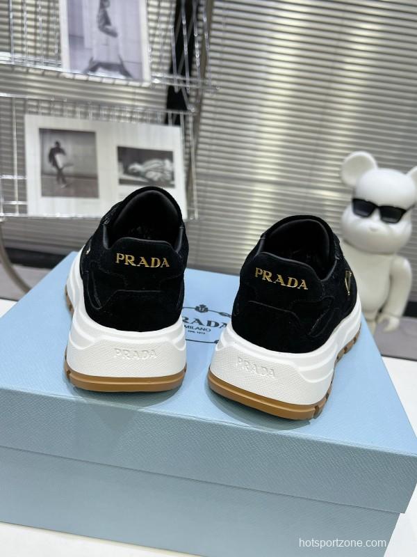 2025 Unisex Prada Black Suede Leather Sneakers KFY00310