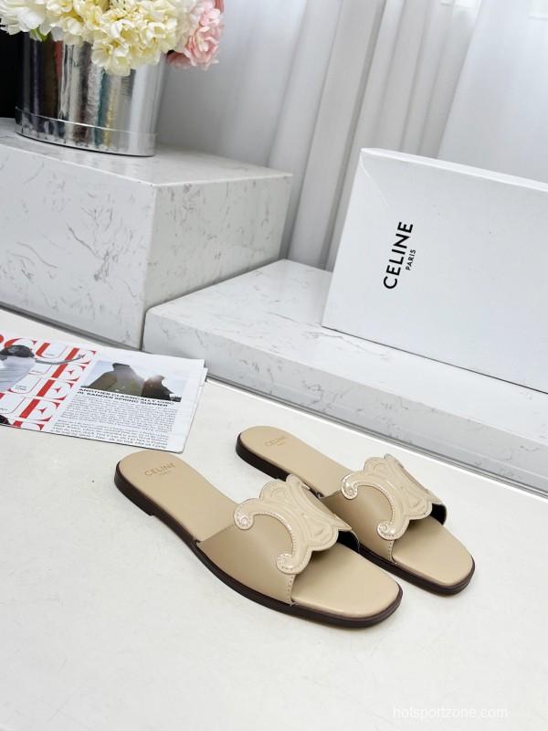 2025 Women Celine Beige Leather Slippers