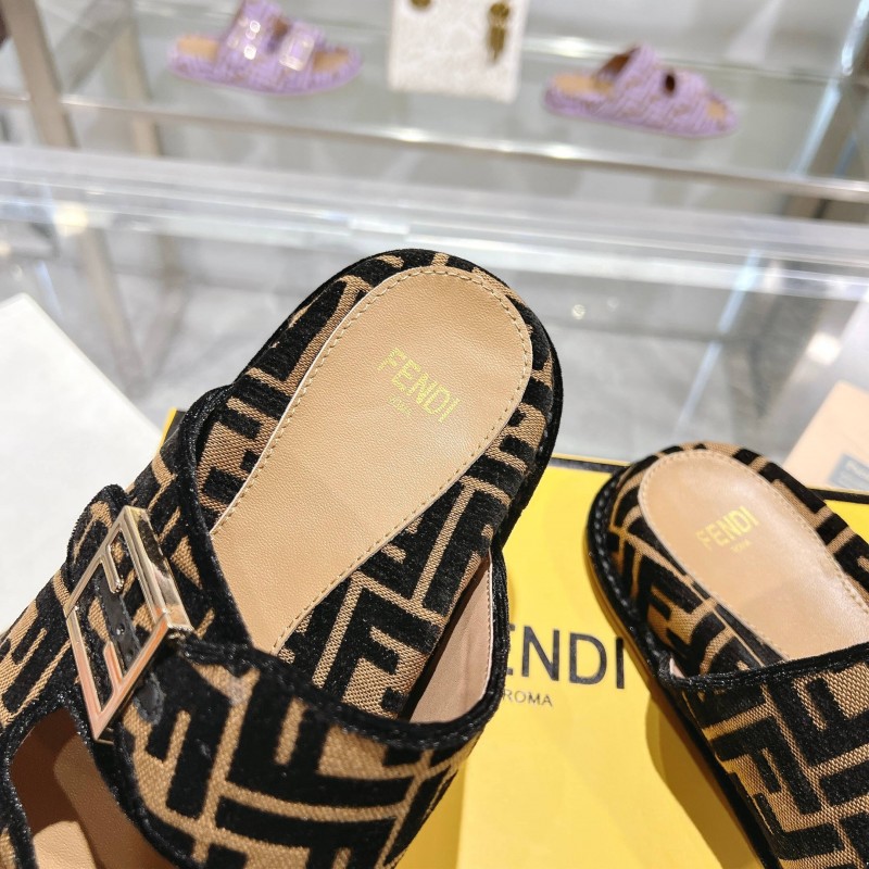 2025 Fendi Black Beige Fabric Slippers FF Buckle KFY00250