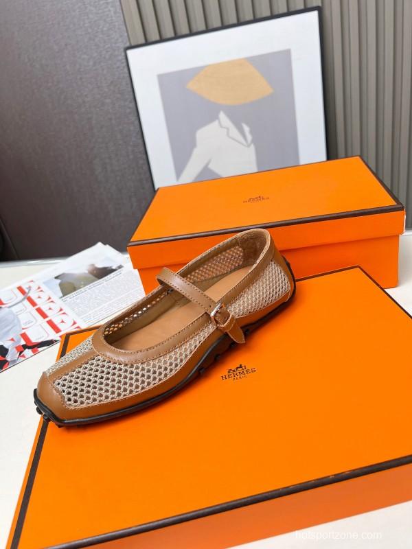 2025 Women Hermès Beige Mesh Leather Mary Jane LY00230