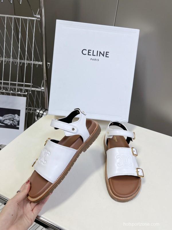 2025 Women Celine White Leather Sandals Buckle KFY00280