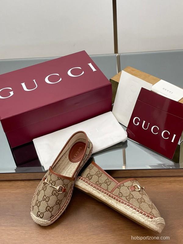 2025 Women Gucci Brown Canvas Leather Loafers Horsebit LY00200