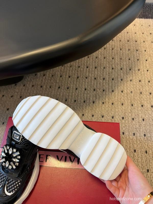 2025 Women Roger Vivier Black Leather Mesh Sneakers