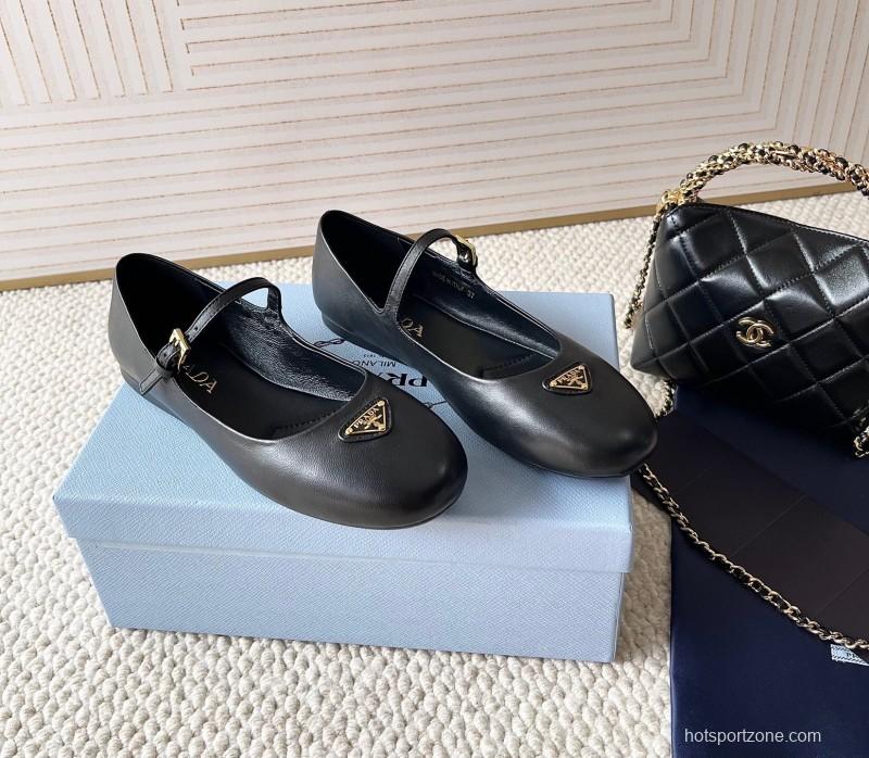 2025 Women Prada Black Leather Mary Jane Flat