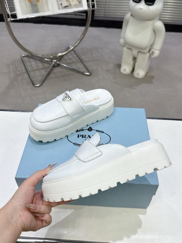 2025 Women Prada White Leather Slip-On Loafers