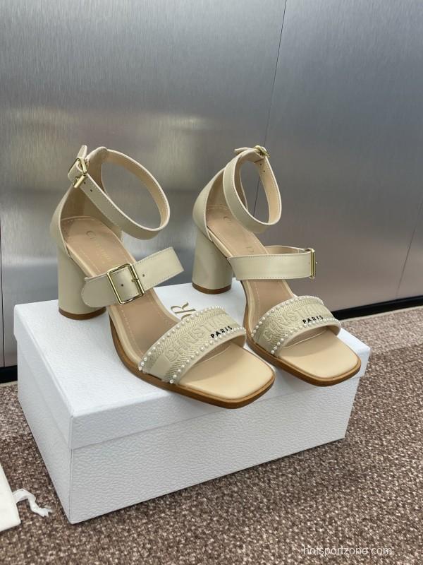 2025 Women Dior Beige Leather Sandals Ankle Strap KFY00320