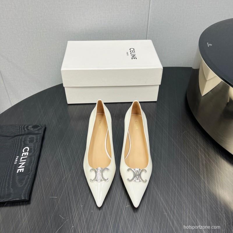 2025 Women Celine White Leather Pointed Toe Kitten Heel KFY00290