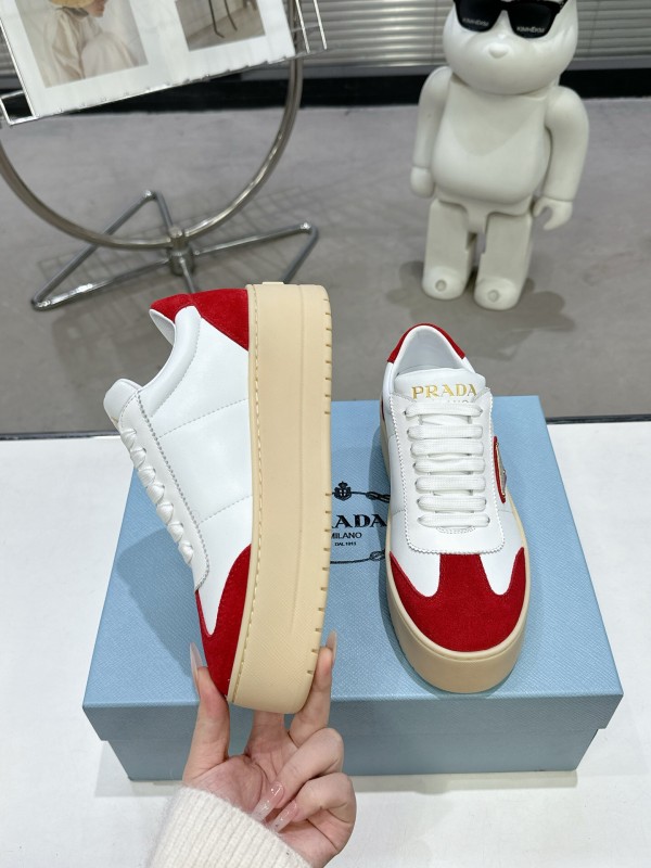 2025 Women Prada White Red Suede Leather Sneakers