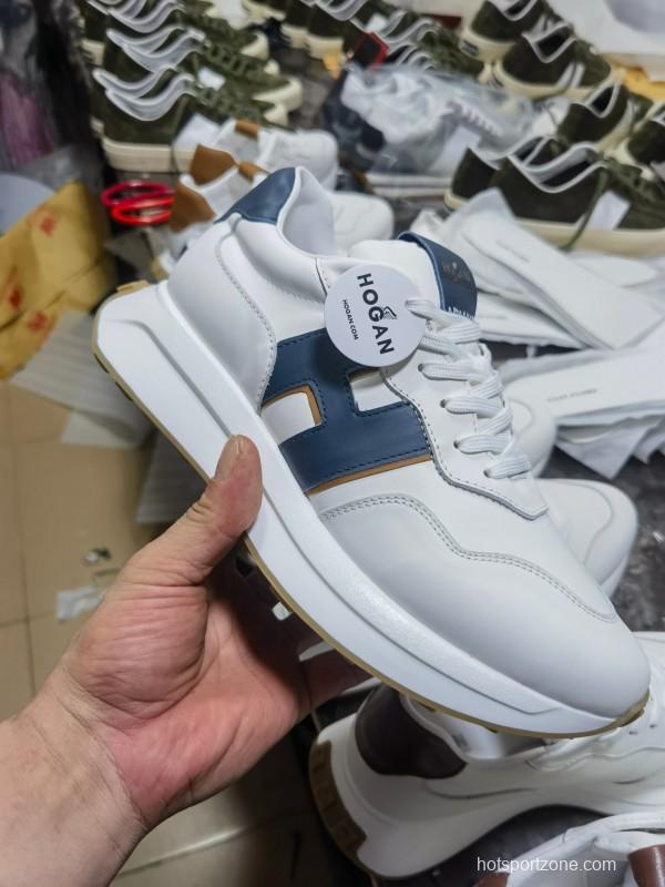 2025 Unisex HOGAN White Blue Brown Leather Sneakers H-STRIPES LY00360(F)/LY00370(M)