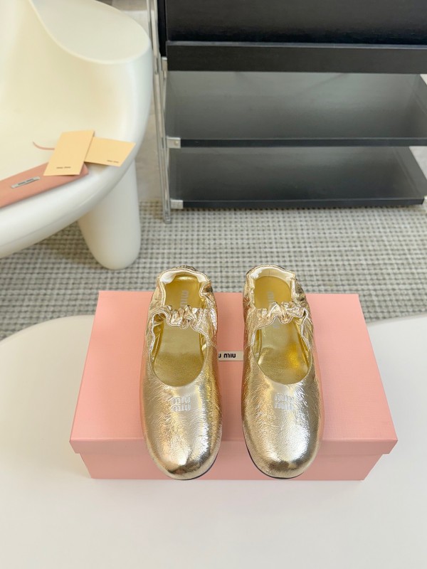 2025 Women Miu Miu Gold Leather Ballet Flats