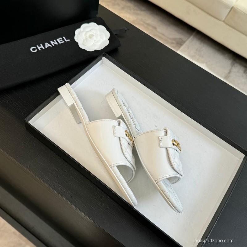 2025 Women Chanel White Leather Slippers
