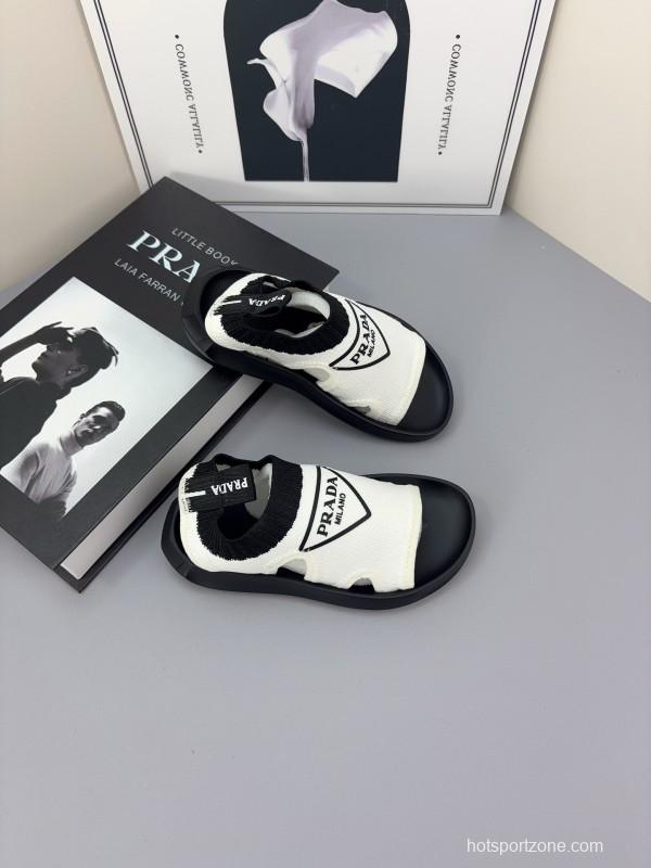 2025 Kids PRADA Black White Fabric Sandals