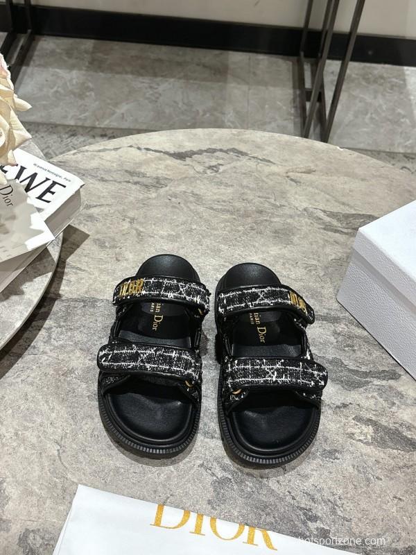 2025 Women Dior Black White Fabric Leather Sandals KFY00300