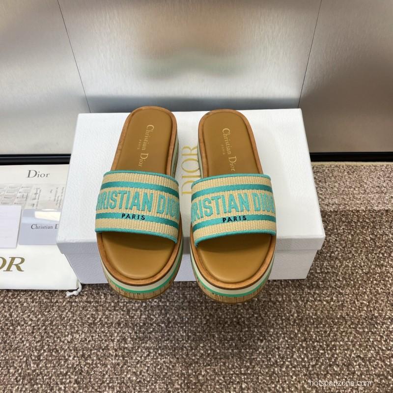 2025 Women Dior Blue Beige Fabric Leather Platform Slide Sandals