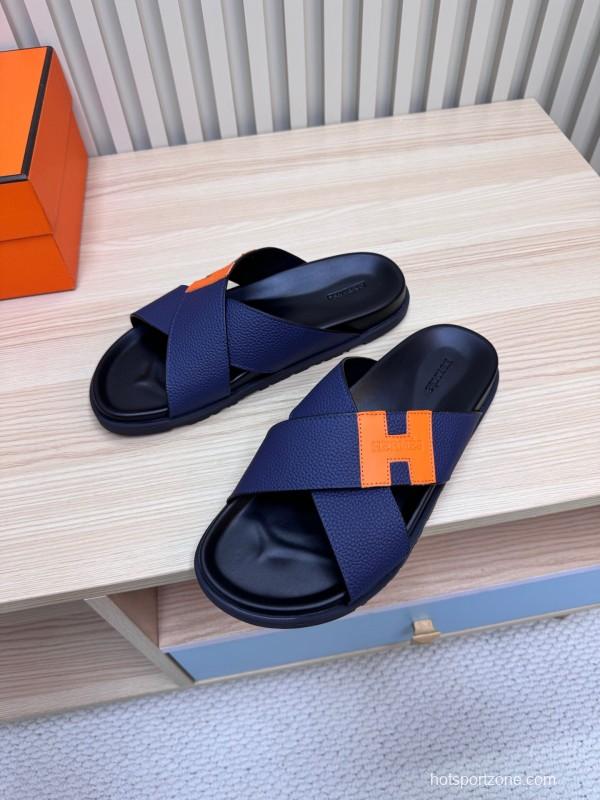 2025 Slippers Hermès Navy Orange Leather Cross Strap