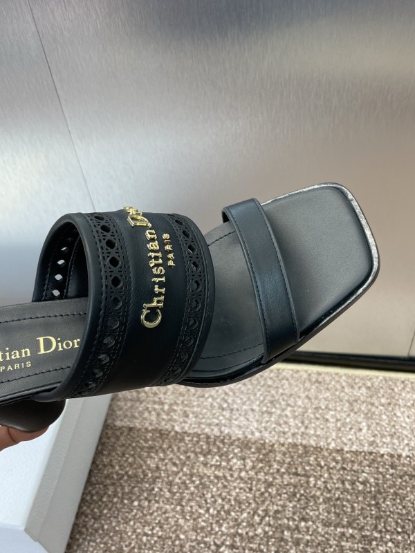 2024 Women Dior Black Leather Slide Sandals