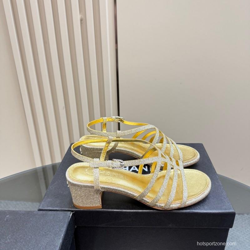 2025 Women Chanel Gold Leather Sandals KFY00290