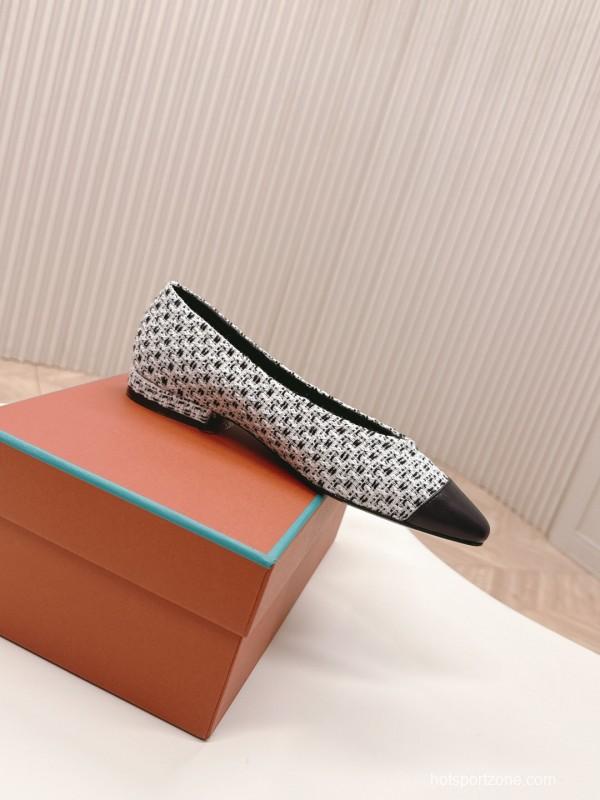 2025 Women Le Parmentier Black White Tweed Leather Pointed Toe Loafers