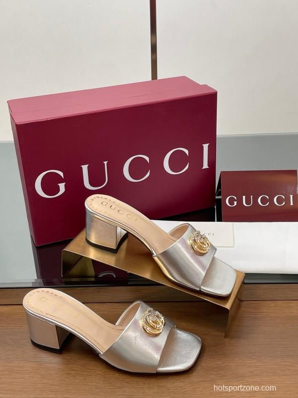 2025 Women Gucci Gold Leather Mules GG Emblem LY00280