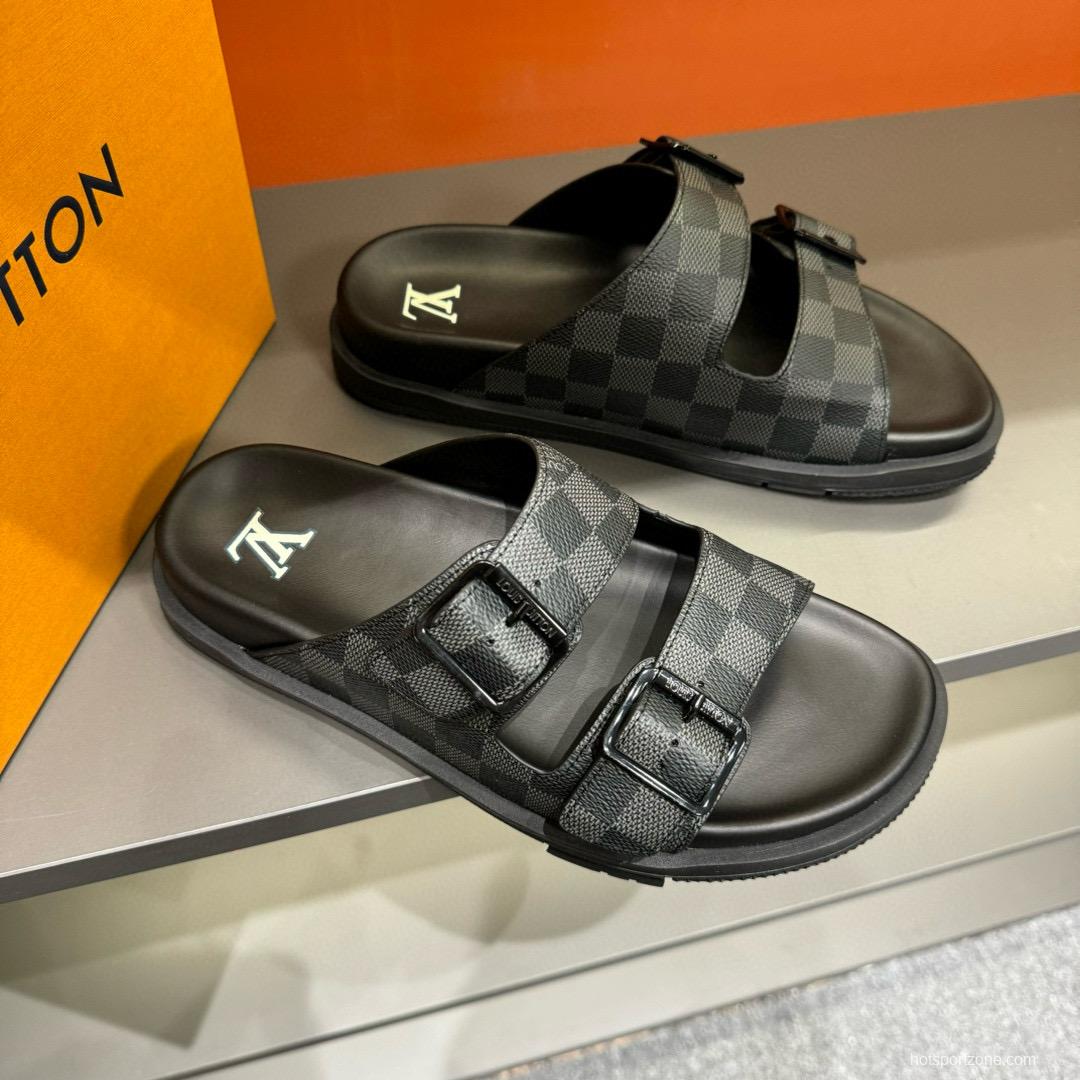 2024 Slippers Louis Vuitton Grey Black Leather Slippers