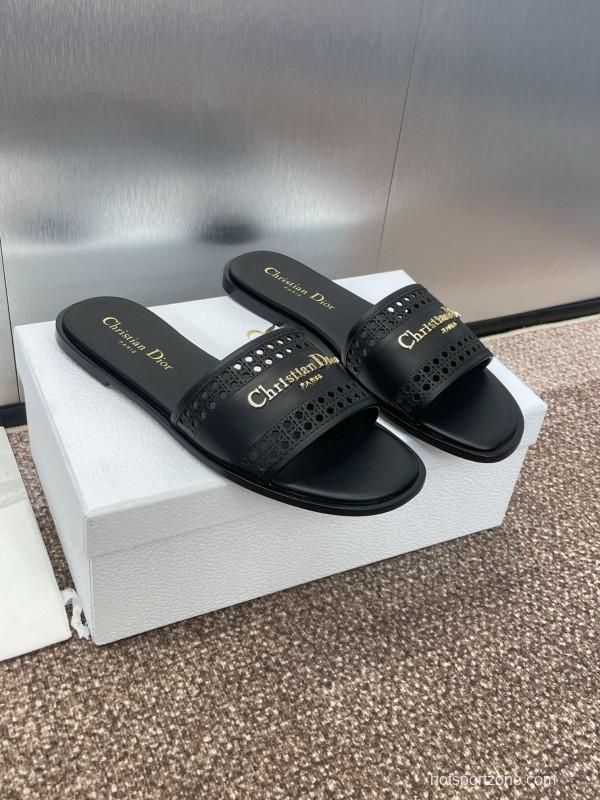 2025 Women Dior Black Leather Slides