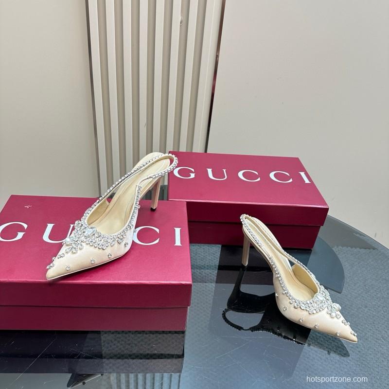2025 Women Gucci Beige Silk Crystal Embellished Slingback Heels MJ00340