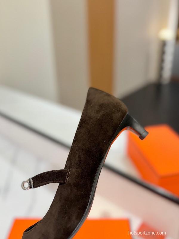 2025 Women Hermès Black Suede Mary Jane Shoes KFY00330