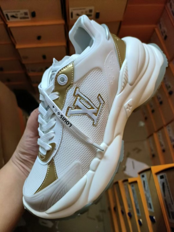 2025 Women Louis Vuitton White Gold Leather Mesh Sneakers LY00340