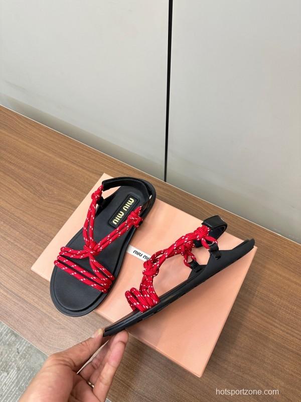 2025 Women Miu Miu Red Rope Leather Sandals LY