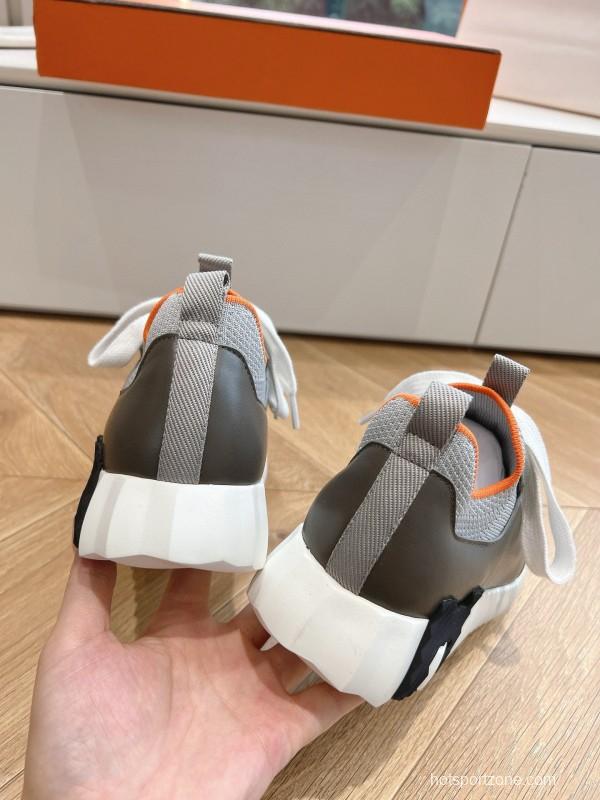 2024 Unisex Hermès Beige Grey Orange Black Leather Suede Knit Sneakers MJ00290