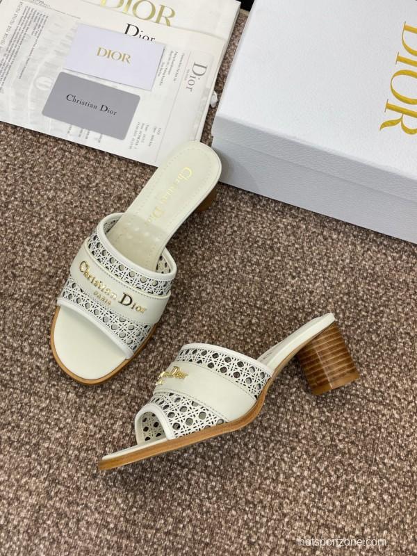 2025 Women Dior White Leather Sandals CD Pattern Low Heel KFY00310